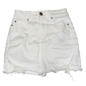 American Eagle White Hi Rise Mini Denim Skirt Distressed Raw Hem Size 2